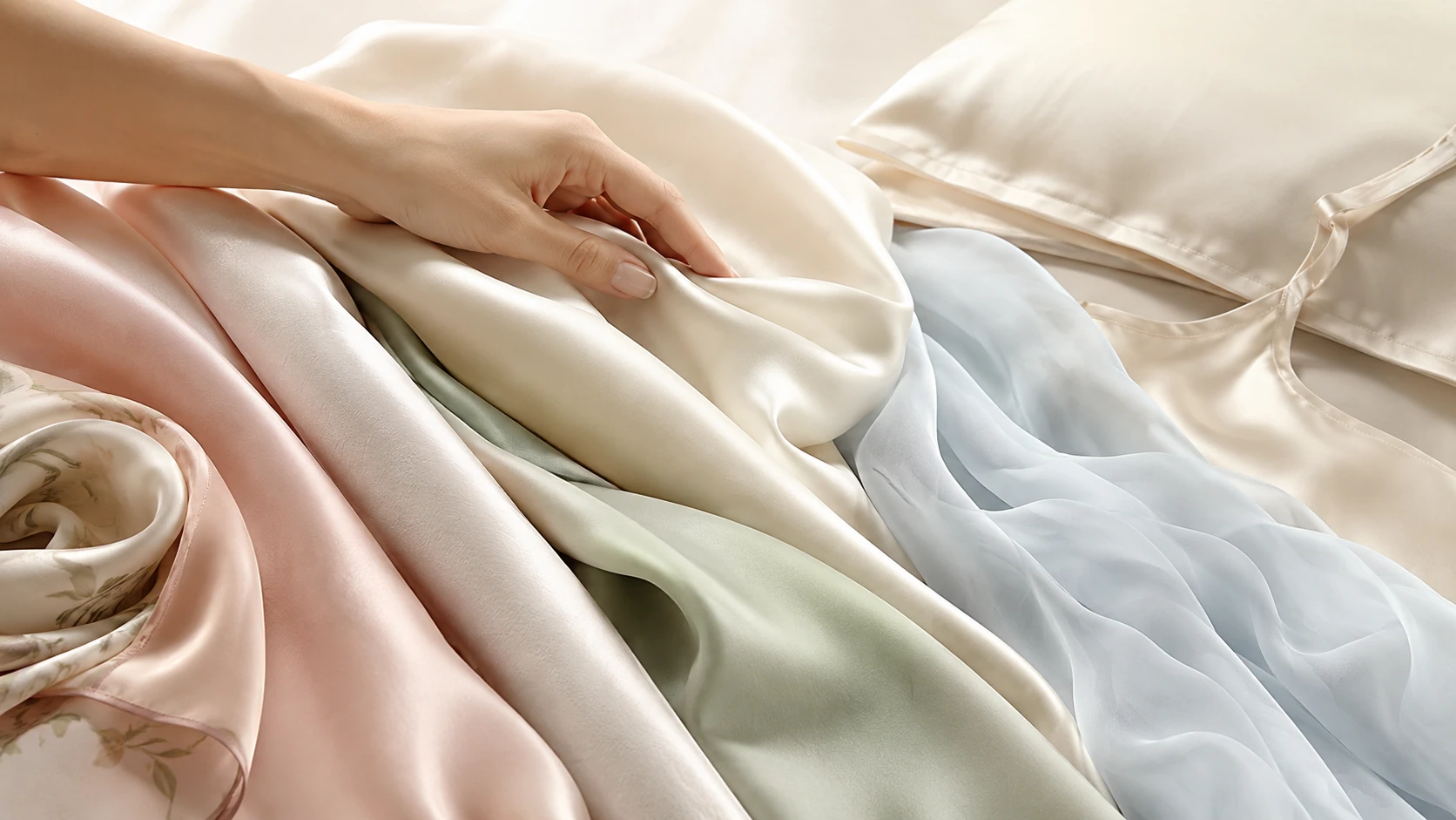 Consumer guide showing different silk fabrics with soft textures for choosing silk based on feel and quality