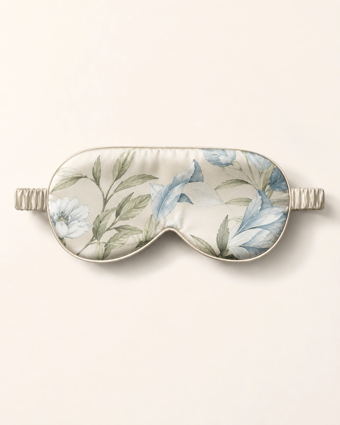 Silk Accessory 15 Blue botanical silk sleep mask with floral leaf pattern and elastic strap for luxury sleep accessories
