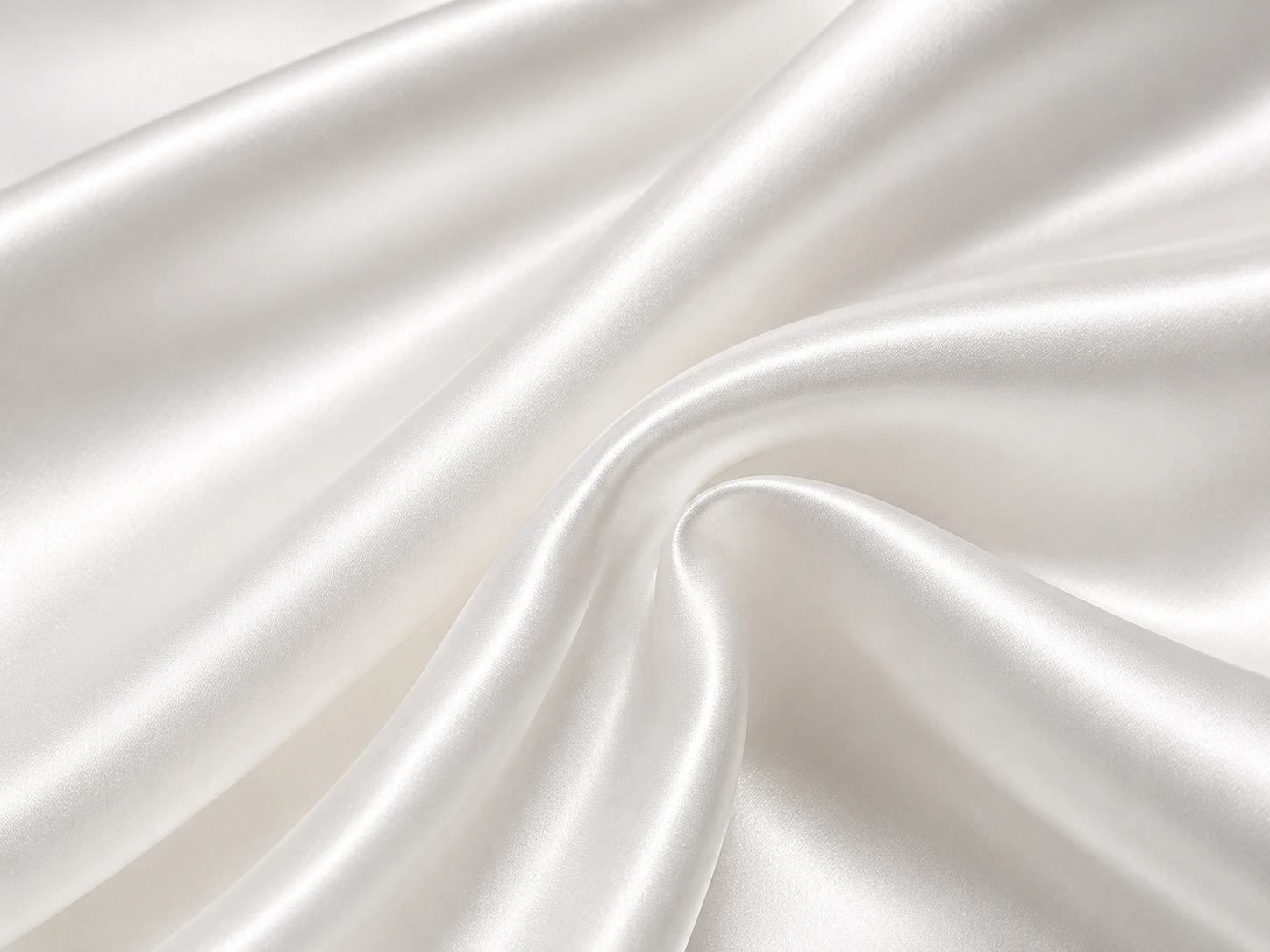 White silk satin fabric closeup with smooth sheen and flowing folds