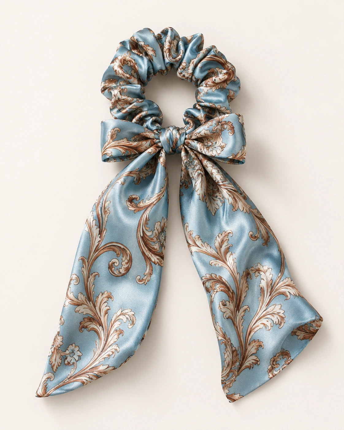 Silk Accessory 21 Blue baroque pattern silk scrunchie with long ribbon tail and luxury printed design