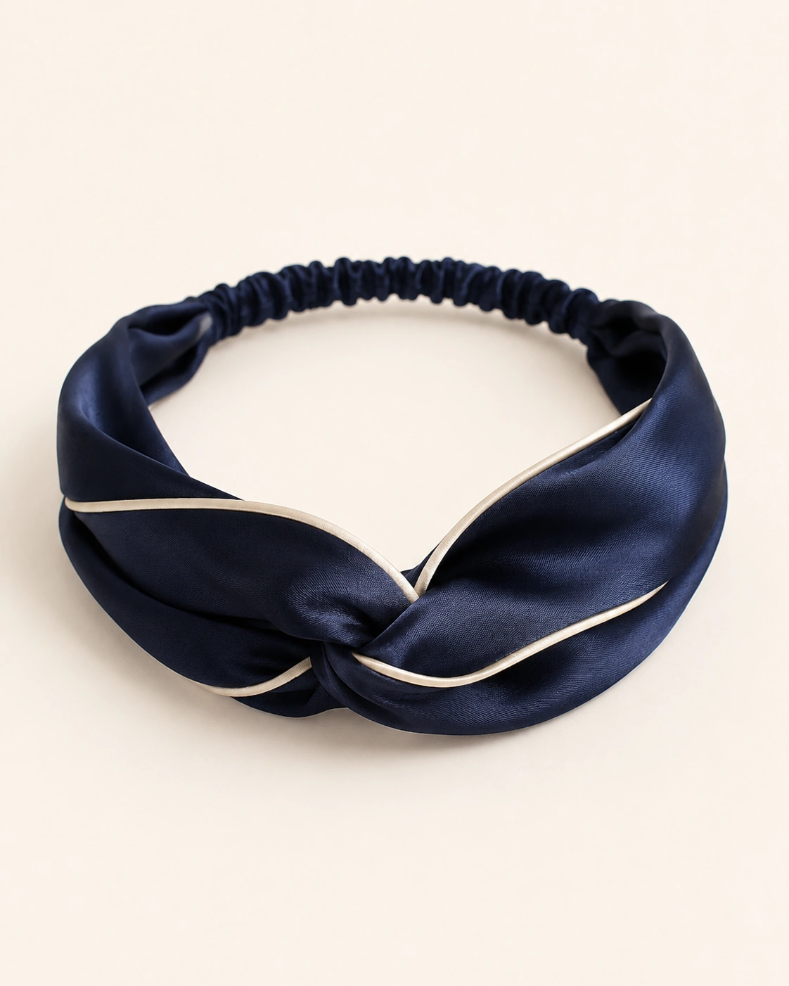 Silk Accessory 6 Navy blue silk elastic headband with elegant contrast piping and twisted front design