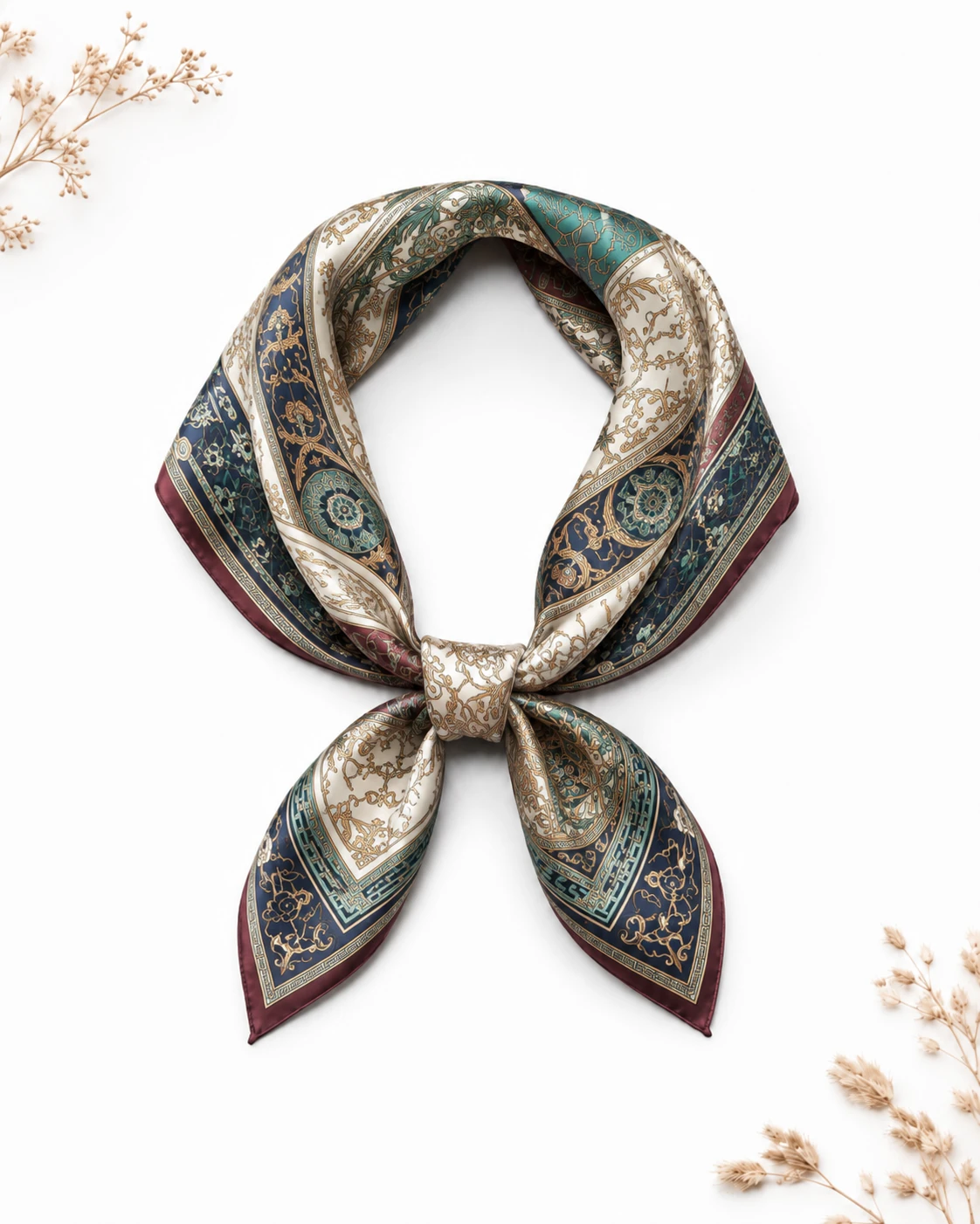 Elegant printed silk scarf tied in a knot with luxury ornamental pattern