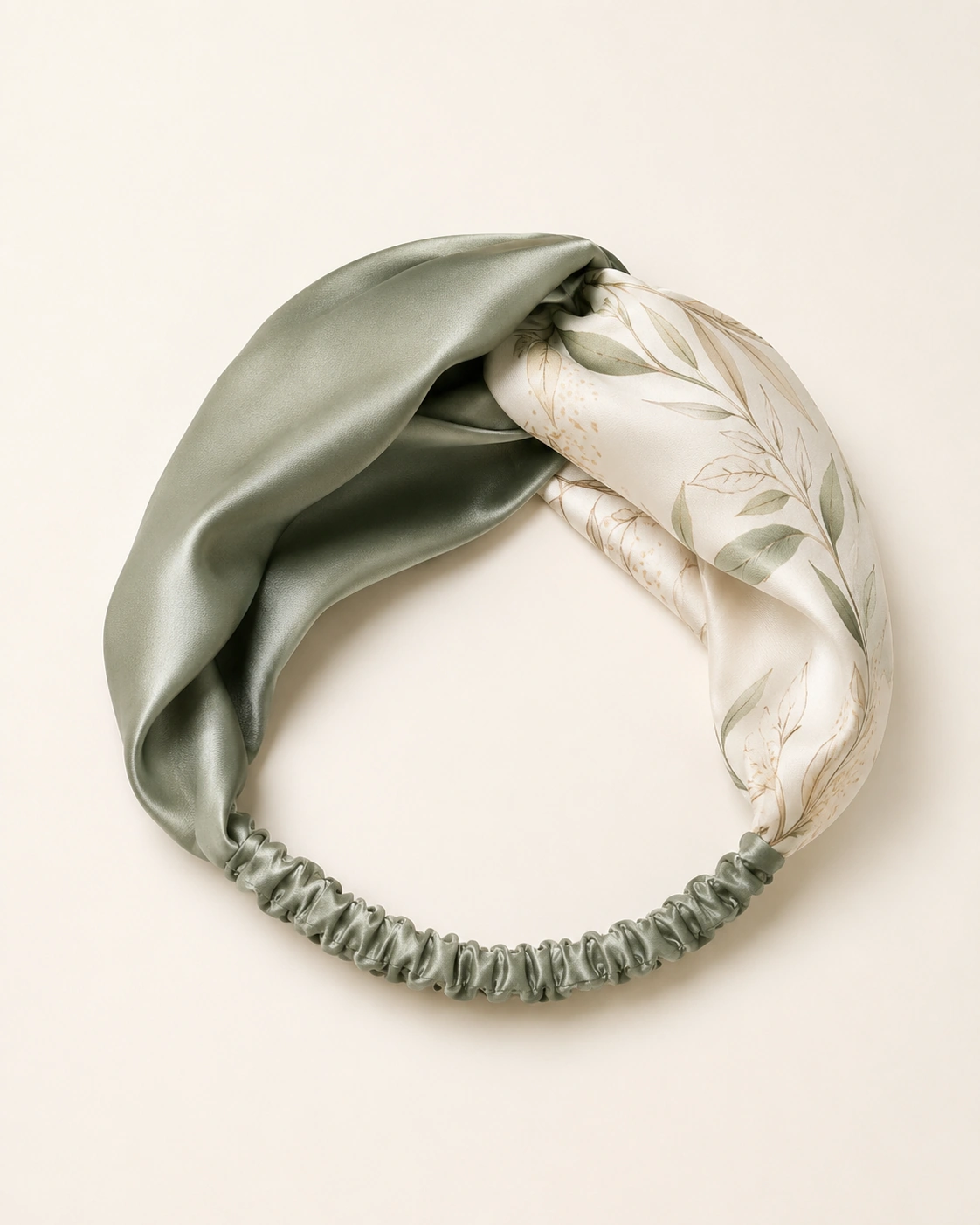 Silk Accessory 7 Sage green and ivory botanical silk elastic headband with custom printed design