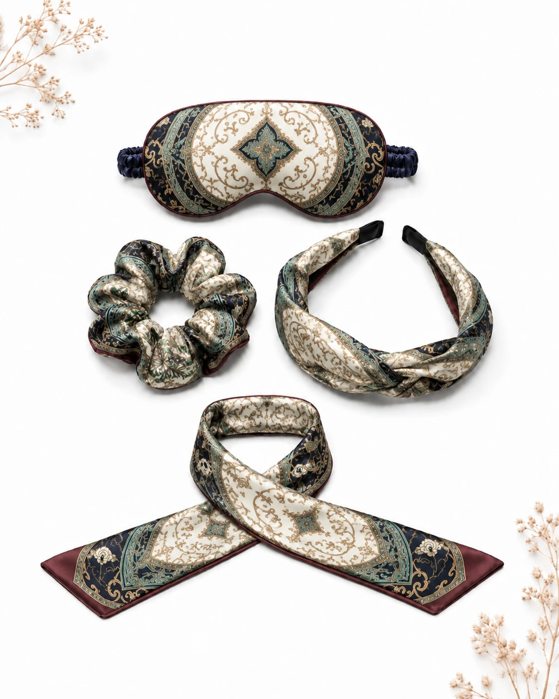 Custom silk accessories including eye mask, scrunchie, and headband with elegant patterns