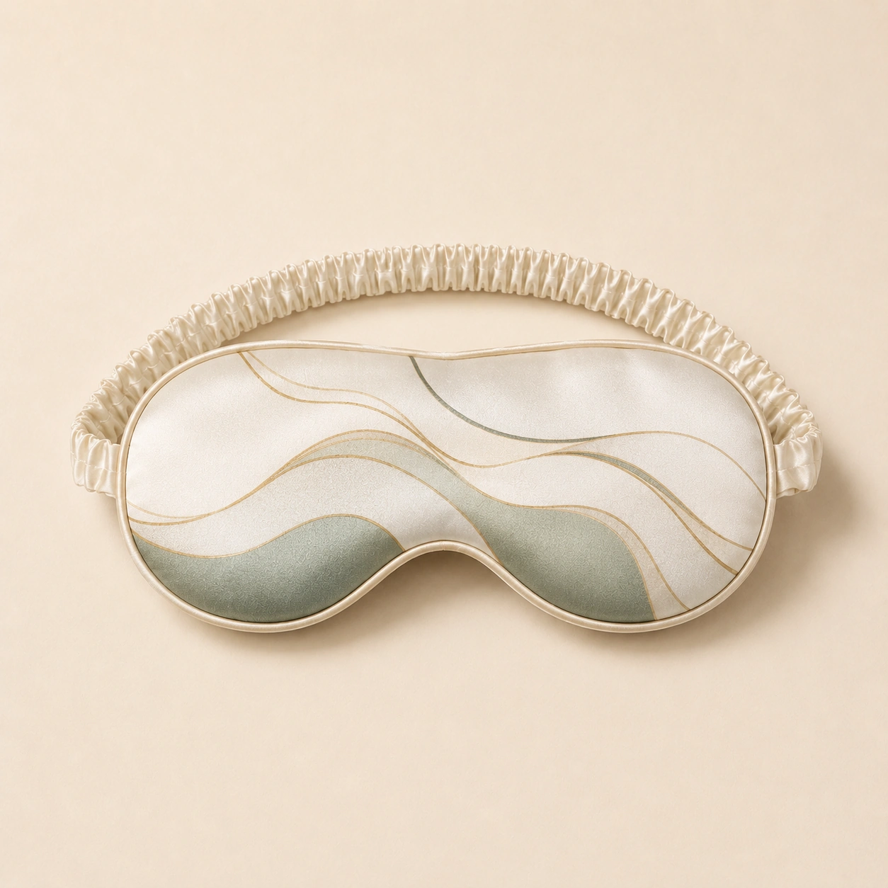 Silk Accessory 19 Ivory and sage abstract silk sleep mask with modern wave pattern design