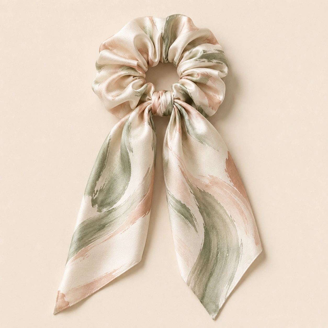Silk Accessory 23 Watercolor printed silk scrunchie with long ribbon tail in soft pastel colors