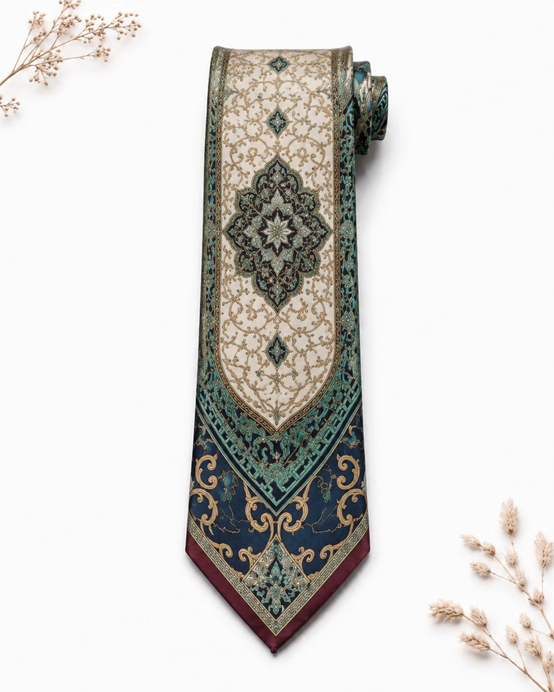 Luxury custom printed silk tie with elegant ornamental pattern