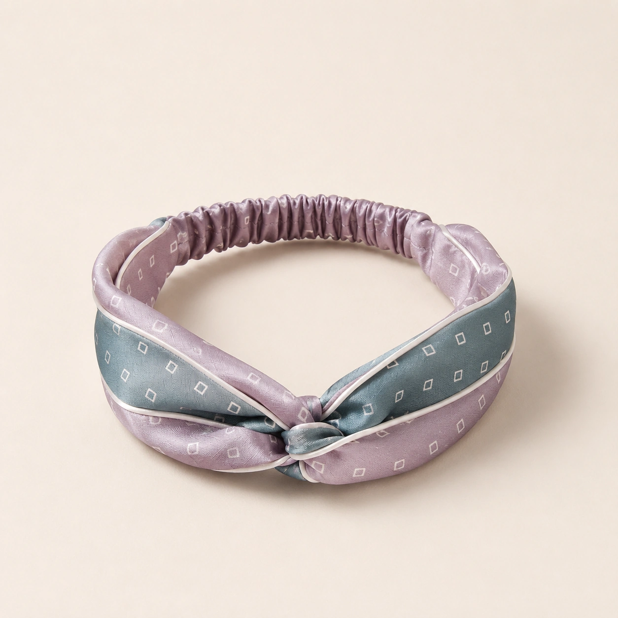 Silk Accessory 10 Lavender and blue geometric silk elastic headband with modern printed pattern