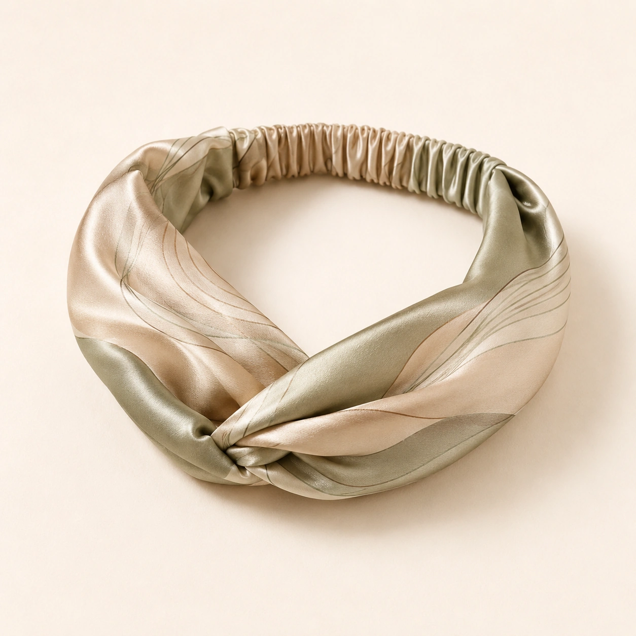 Silk Accessory 13 Olive and beige abstract silk elastic headband with artistic pattern design