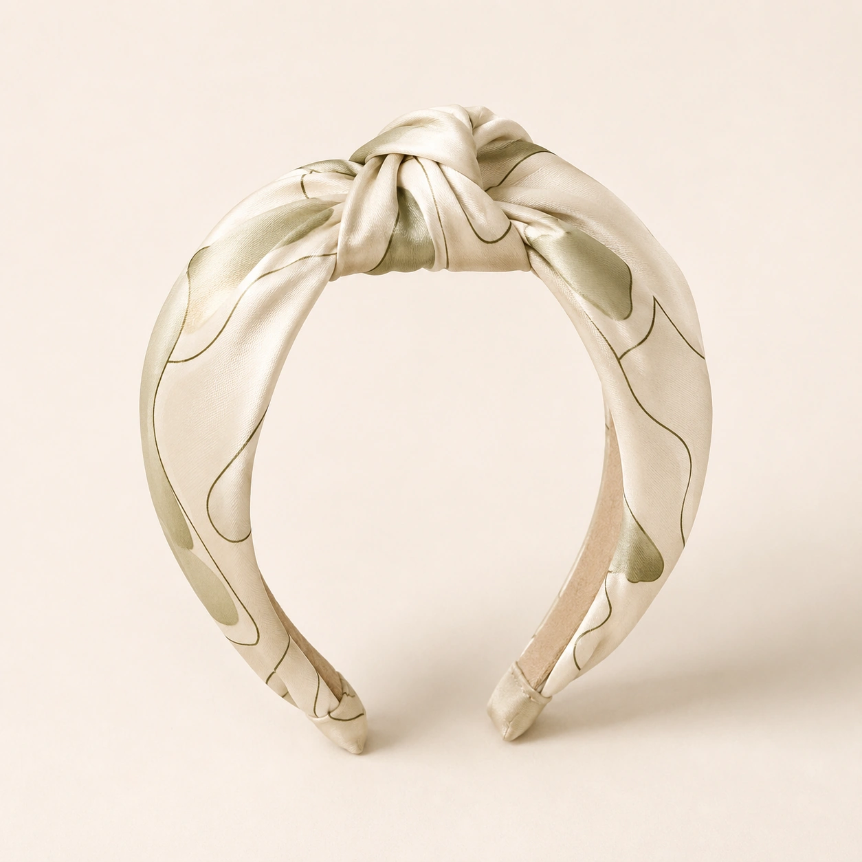 Silk Accessory 14 Cream and sage silk knot headband with elegant abstract pattern design