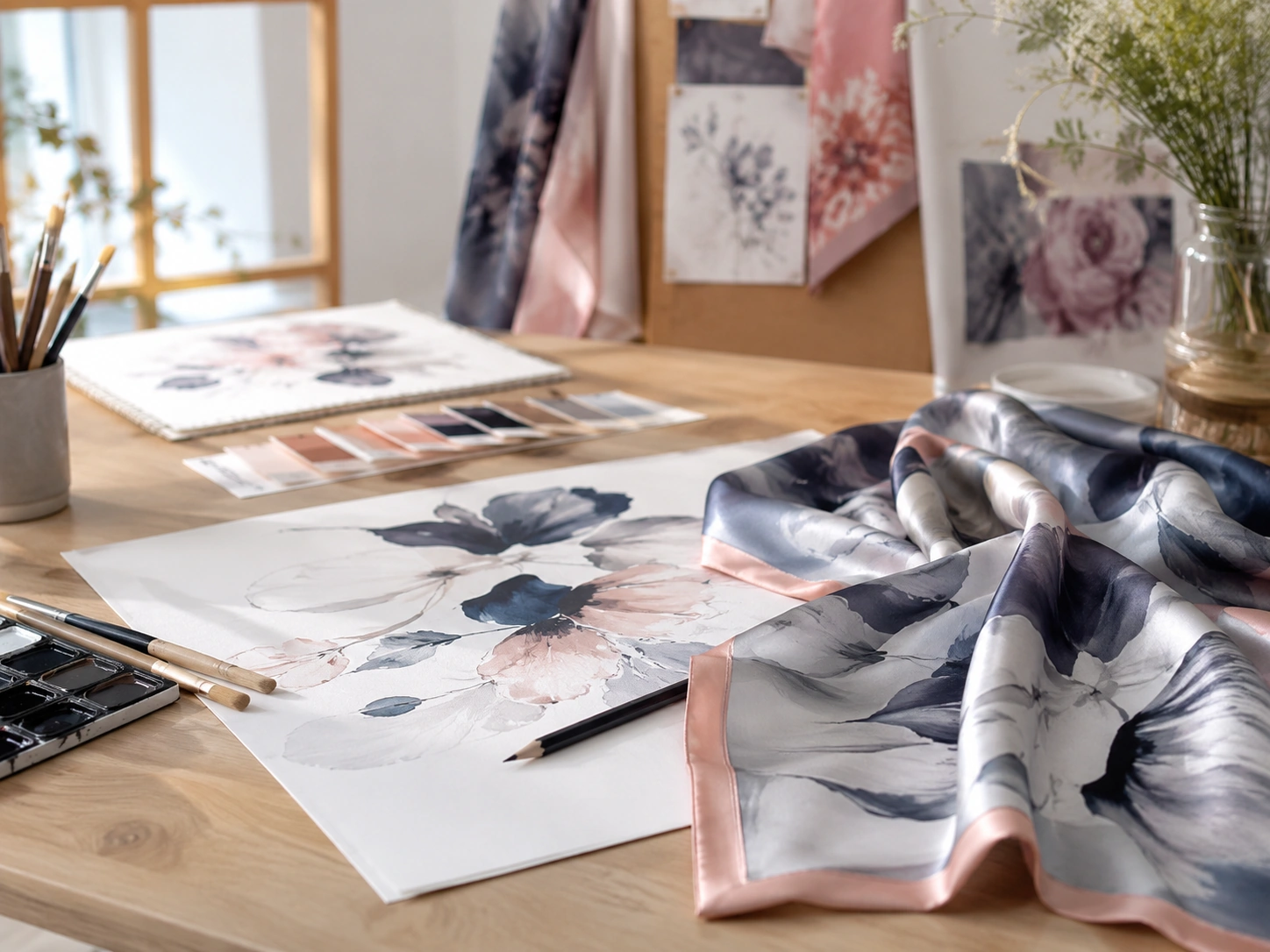 Silk Scarf 33 Artist studio table with watercolor artwork, brushes, color swatches, and a custom printed silk scarf with floral design.