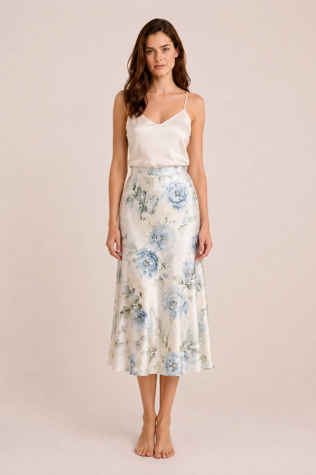 Blue floral printed silk midi skirt with soft watercolor flowers and luxury fashion style