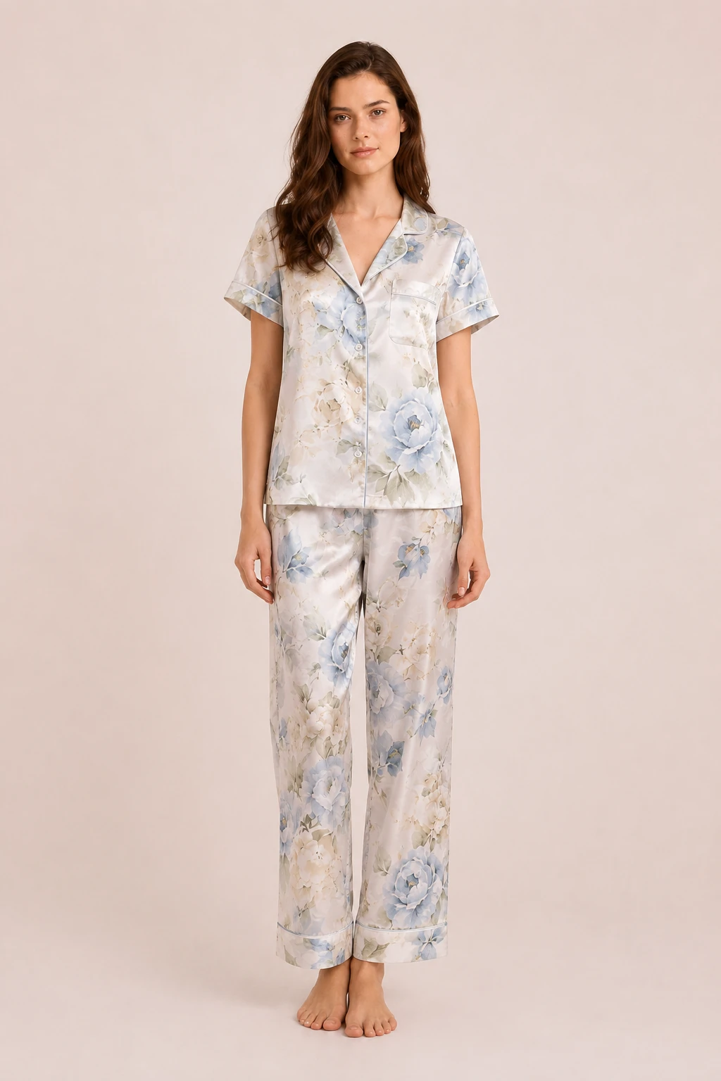 Blue floral printed silk pajama set with premium satin texture and elegant style
