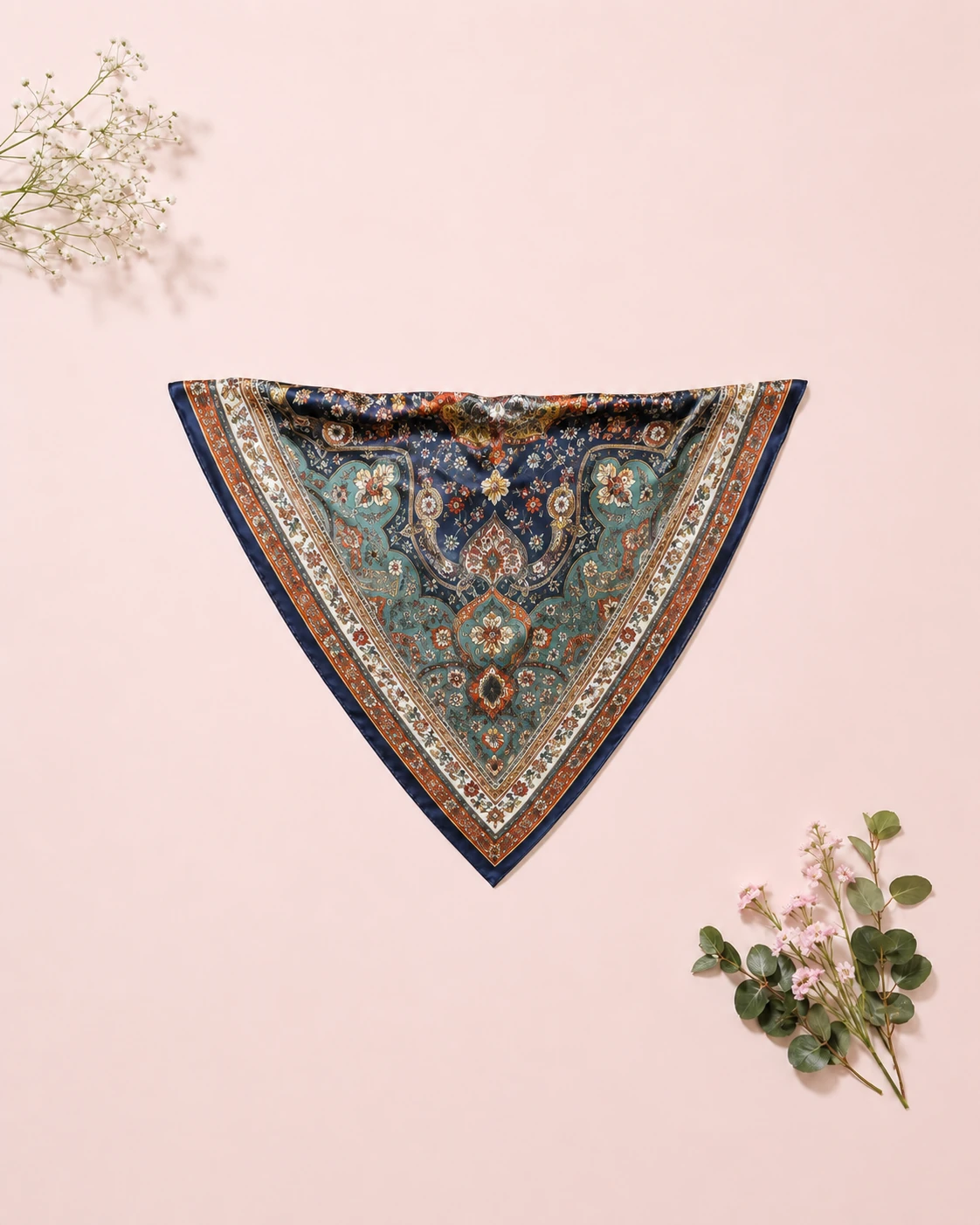Silk Scarf 16 Bohemian square silk scarf with navy teal rust and ivory ornamental pattern