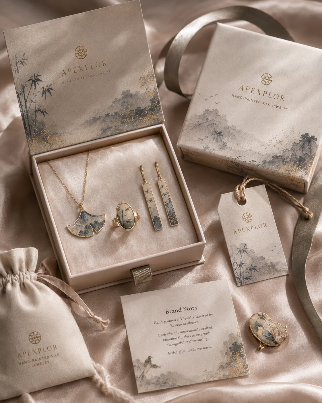 branded hand painted silk jewelry packaging