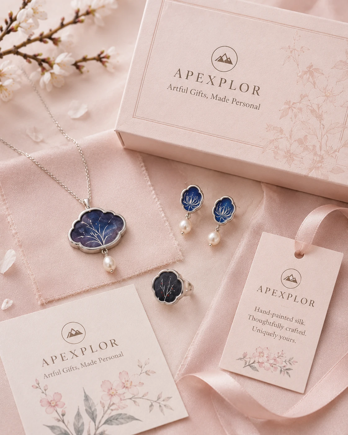 Custom hand-painted silk jewelry with branded APEXPLOR gift box cards and personalized packaging