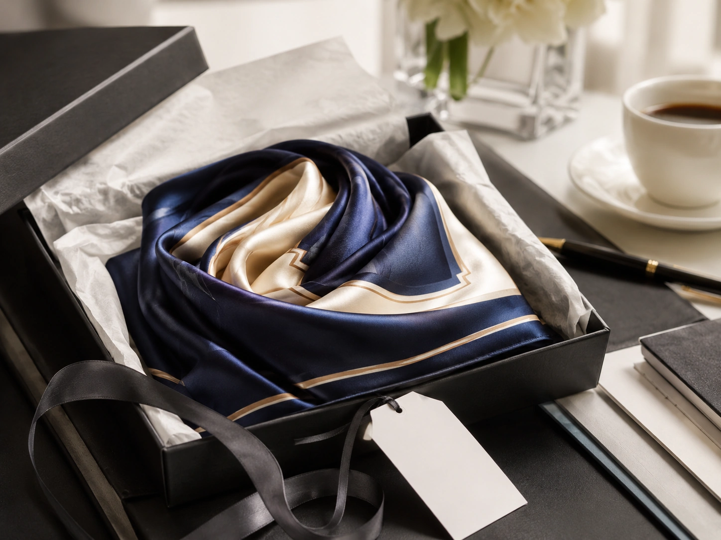 Silk Scarf 32 Luxury silk scarf arranged in a gift box with tissue paper, ribbon, blank hangtag, notebook, and coffee cup.
