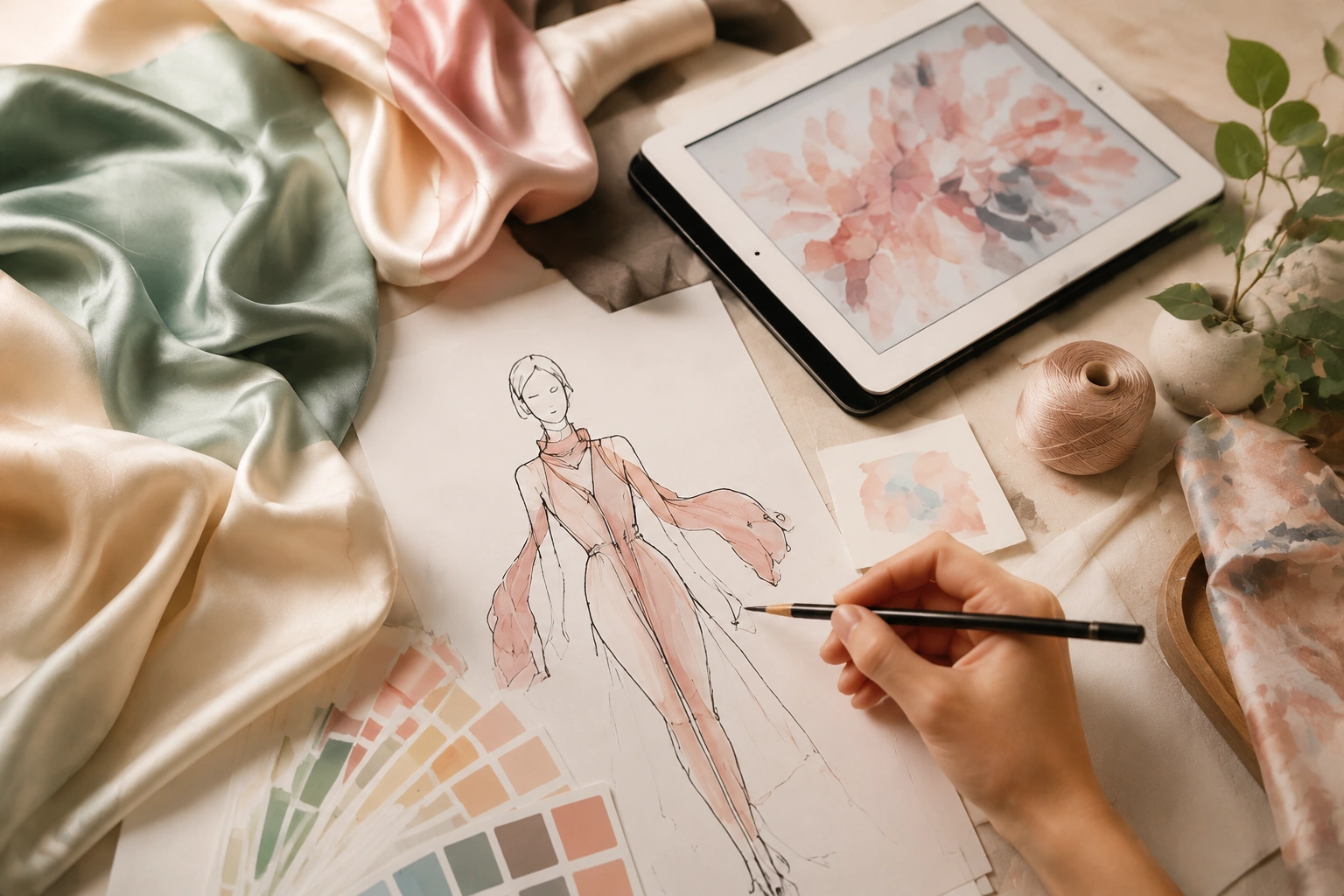 About 3 Creative silk design workspace with fabric materials, fashion sketches, color palettes, and digital design tools.