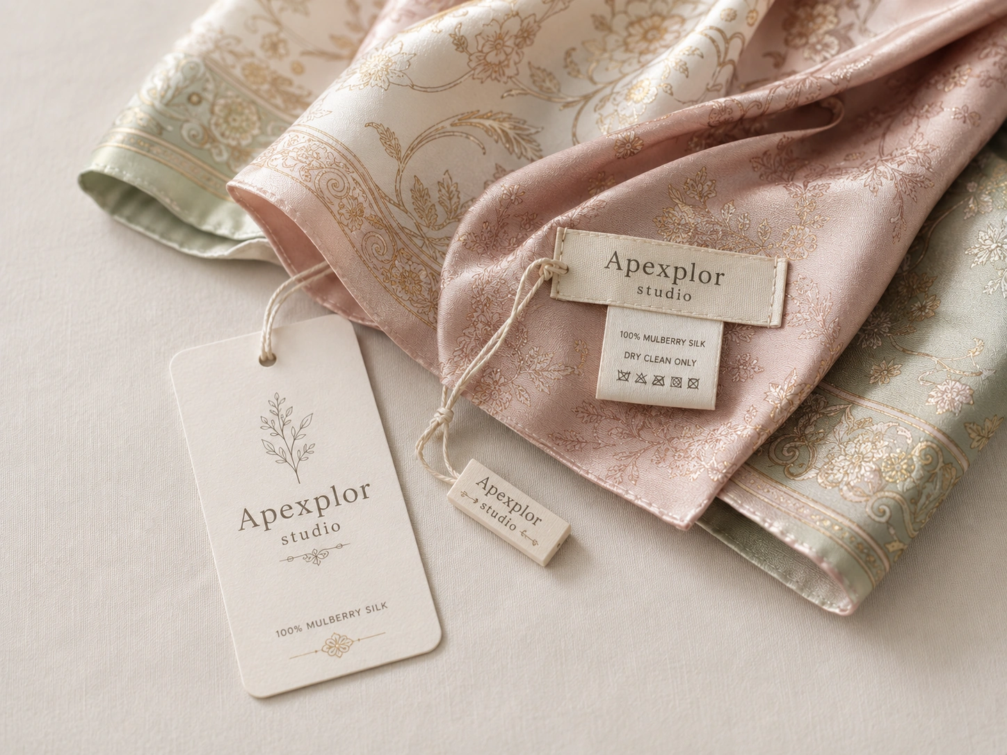 Custom silk scarf with branded logo labels, care tags, and personalized packaging details for fashion brands.