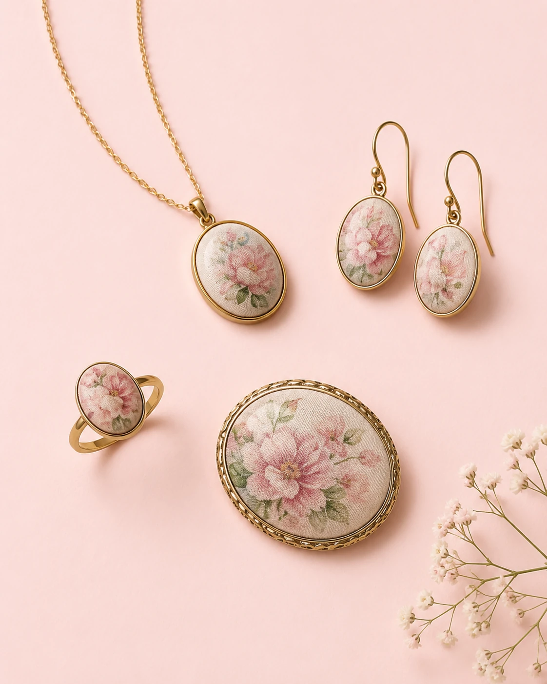 Hand-painted silk jewelry featuring floral artwork and silk fabric details for custom fashion accessories