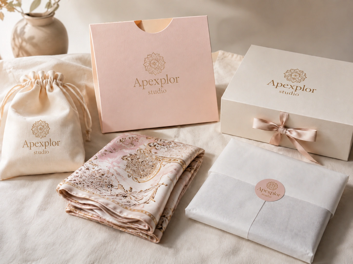 Luxury custom packaging for silk scarves including gift boxes, paper wrapping, and branded bags.