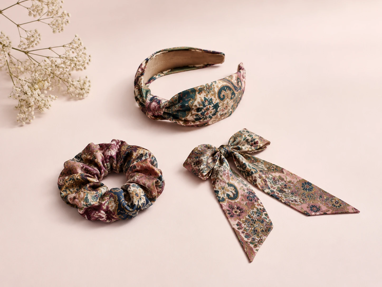 Custom silk accessories featuring complex printed patterns and elegant designs for fashion brands