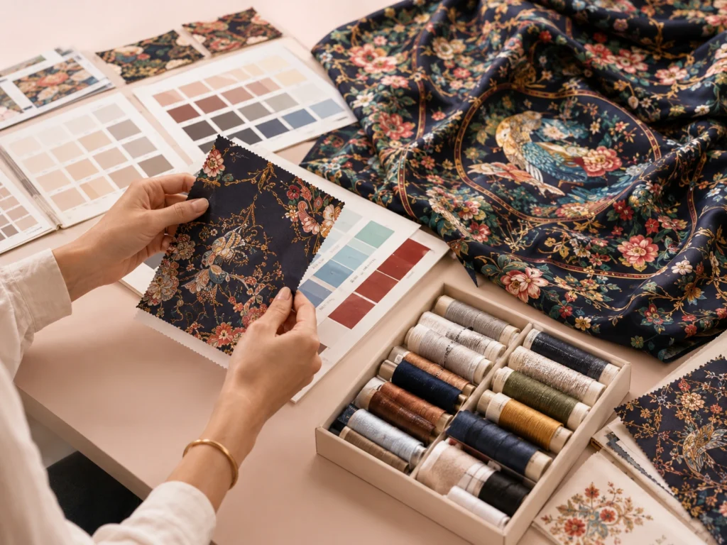 Hands selecting silk fabric samples with complex dark floral digital print design and color charts