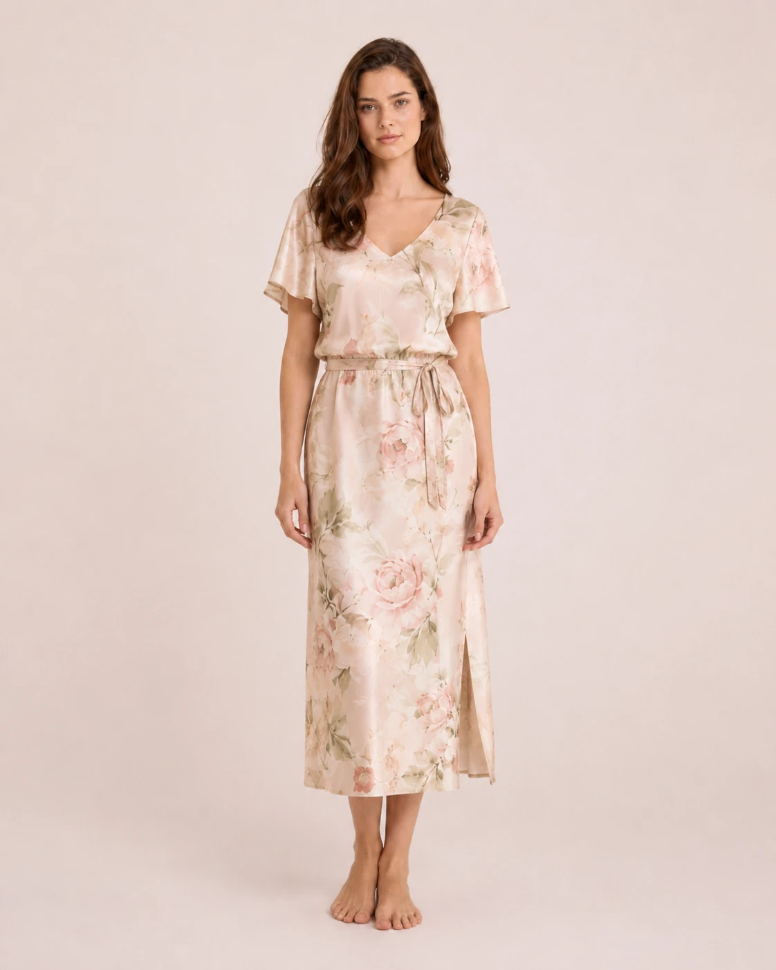 Custom silk floral dress with soft digital print pattern for elegant womenswear collections