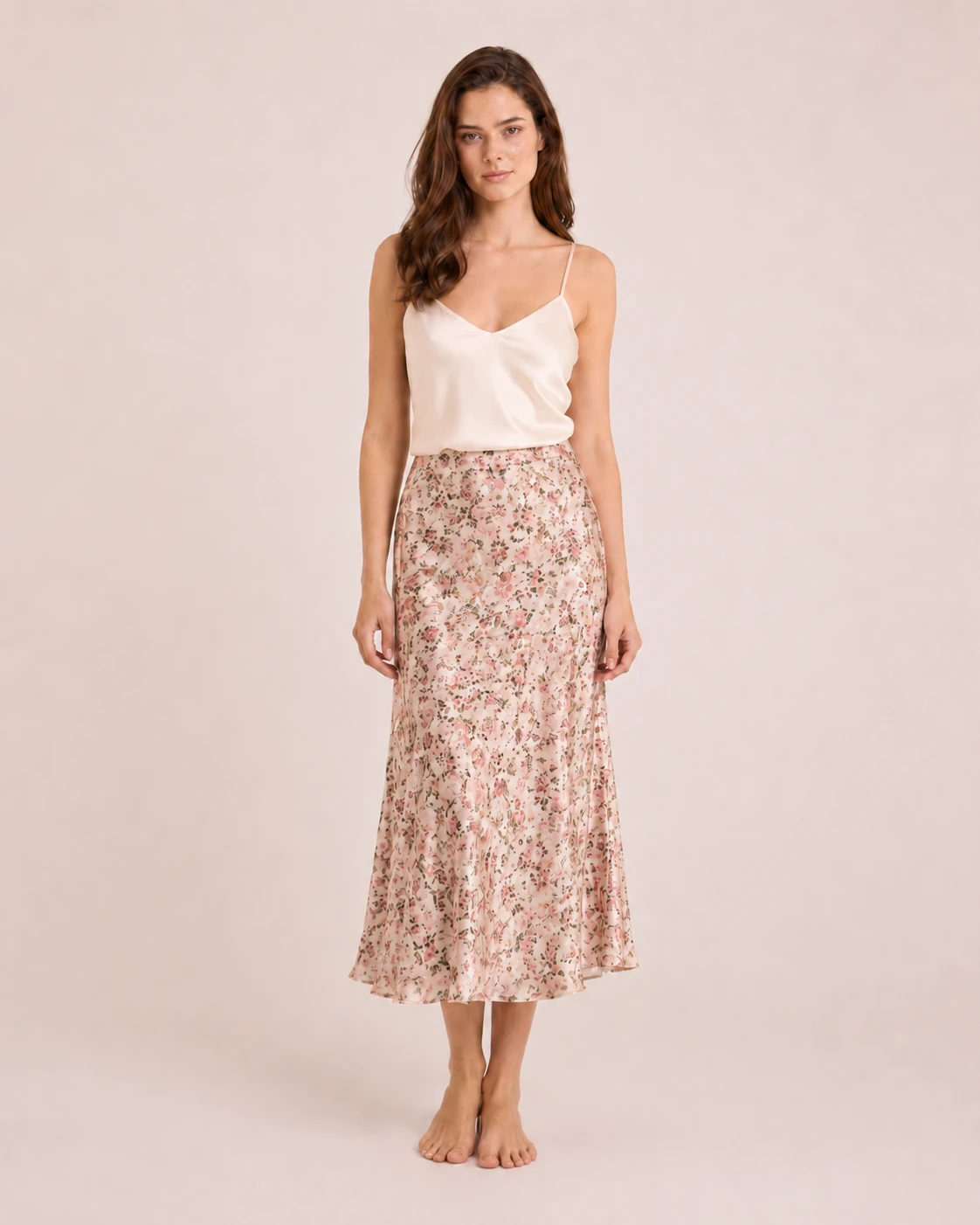 Custom silk floral midi skirt with delicate printed pattern for premium fashion brands