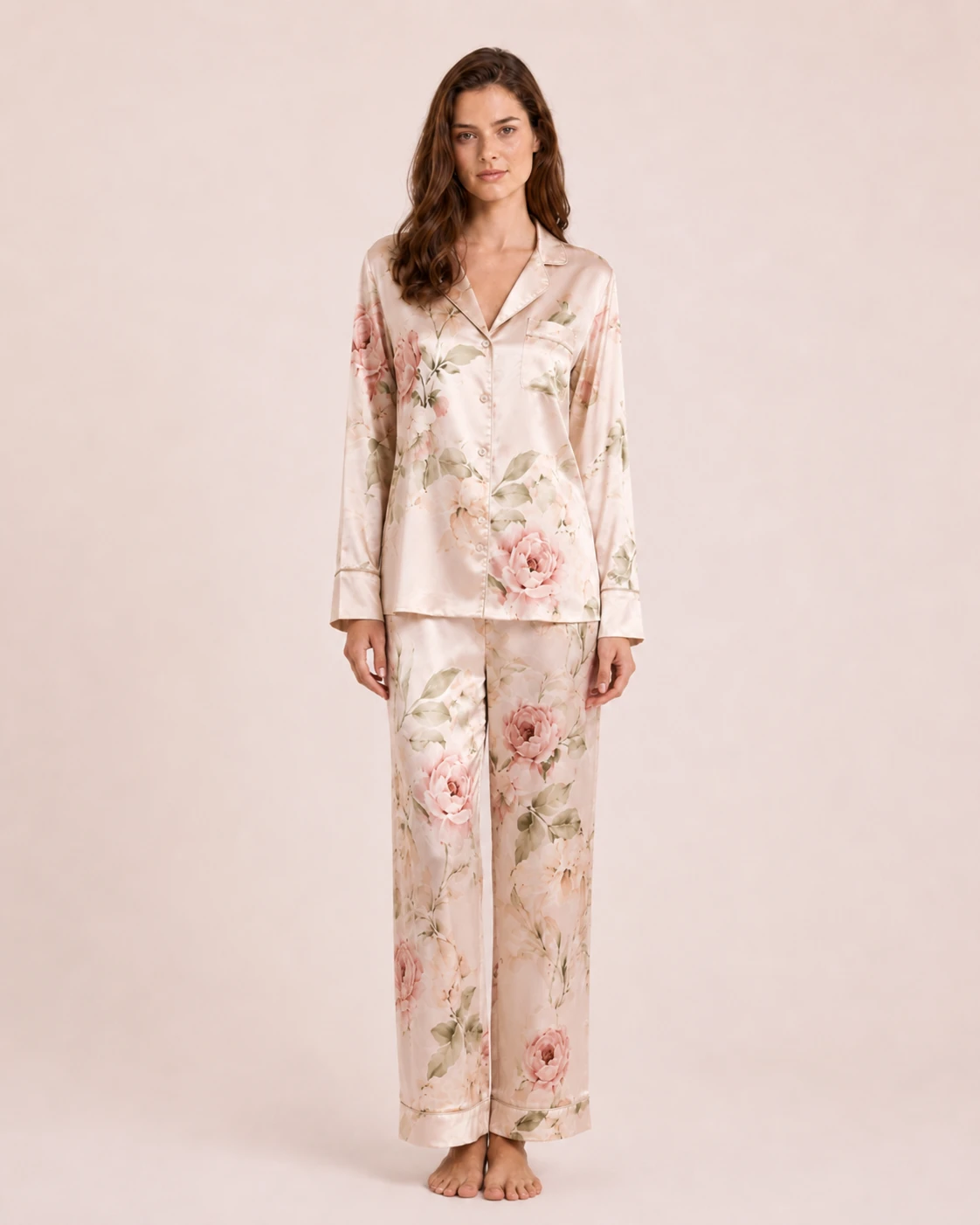 Custom silk floral pajama set with digital printed design for luxury sleepwear brands