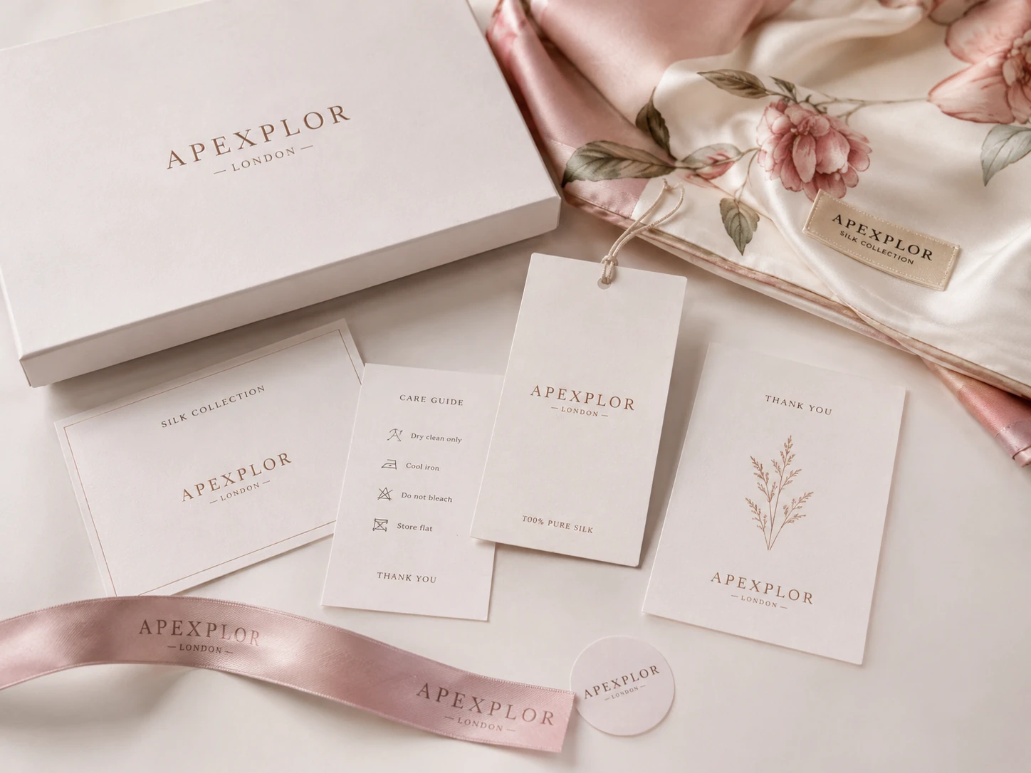 Custom silk garment brand elements including logo cards, hang tags, care cards, and packaging accessories