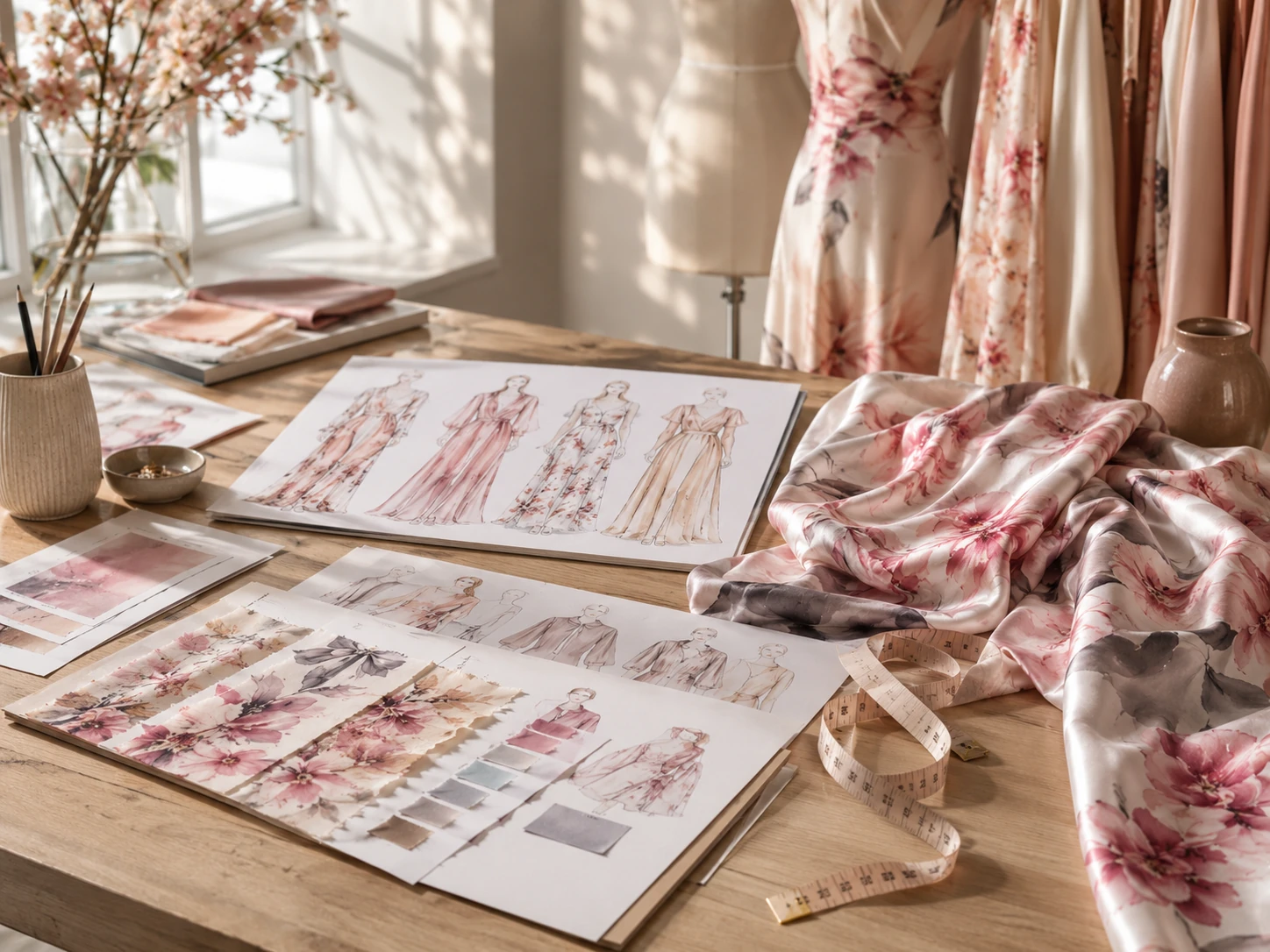 Fashion designer studio with silk fabric samples, garment sketches, and custom clothing development materials