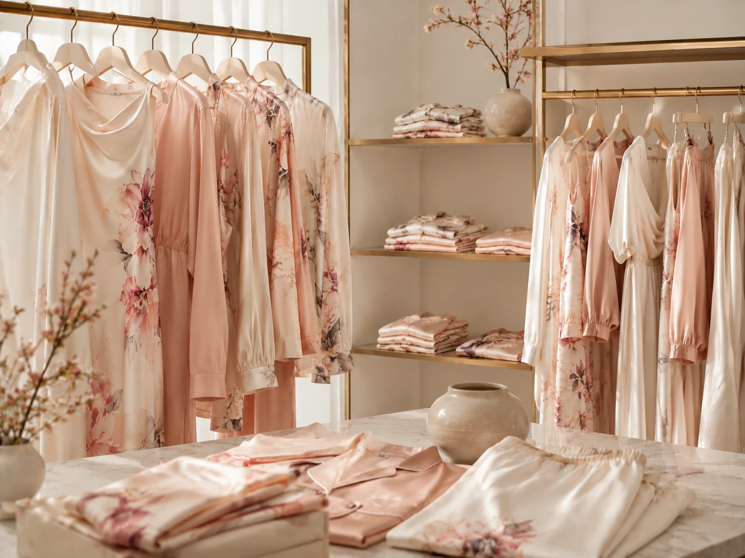 Custom silk garments displayed in a fashion boutique for luxury clothing brands and collections