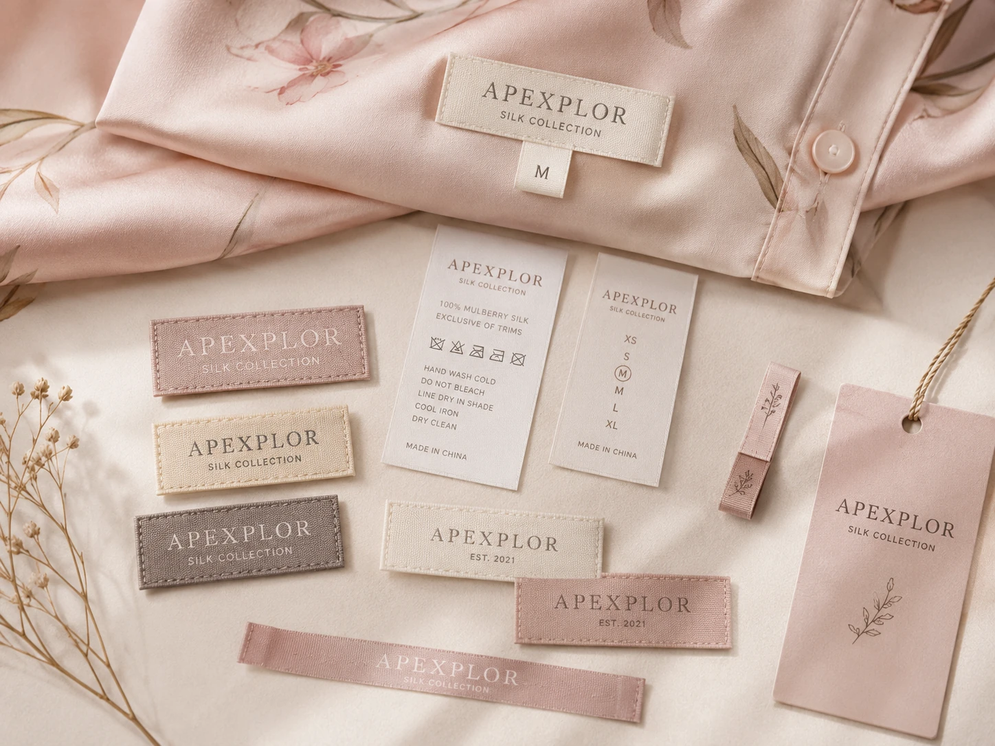 Custom silk garment labels with woven labels, care labels, and brand tags for fashion clothing production