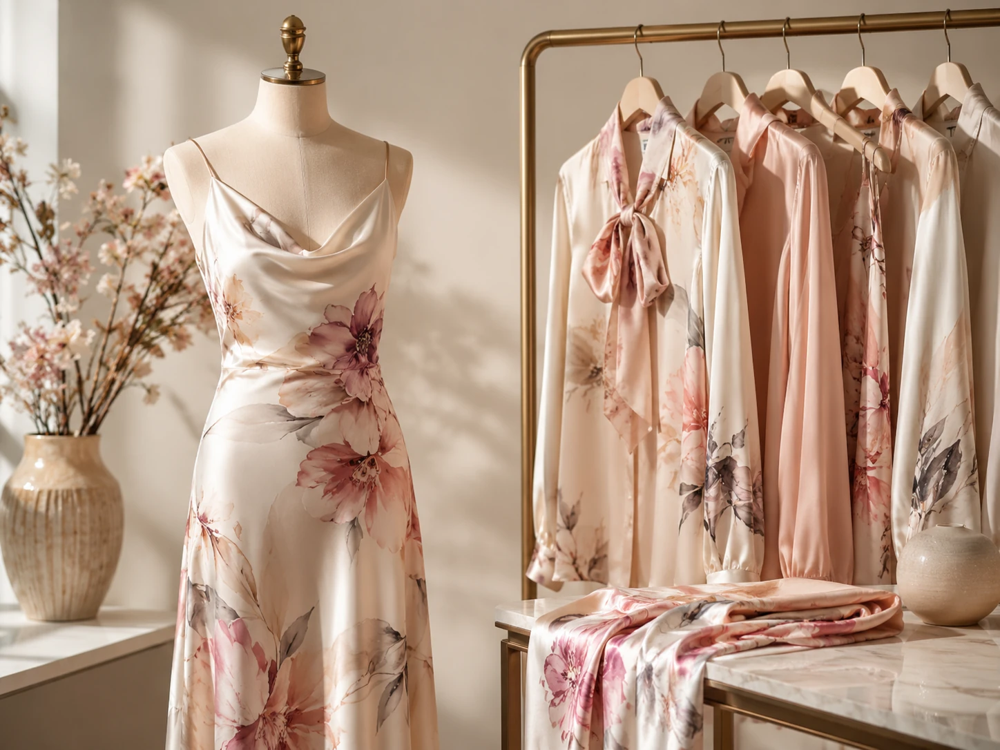 Elegant retail display featuring custom silk garments for boutiques and fashion stores