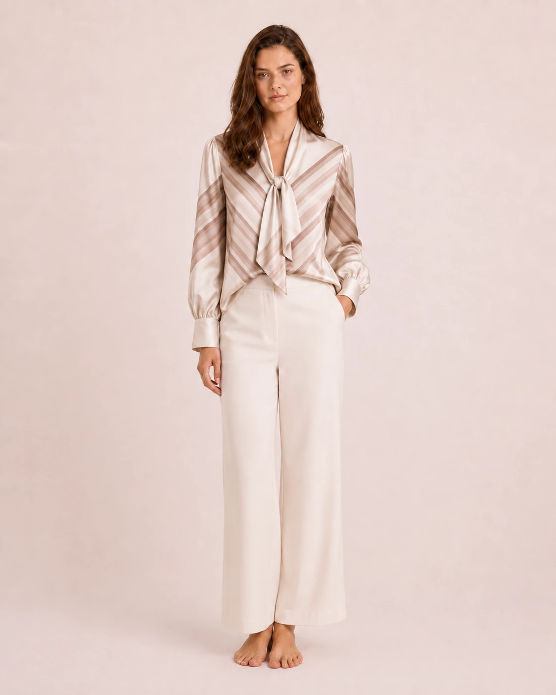 Custom silk blouse with geometric stripe digital print design for modern fashion brands