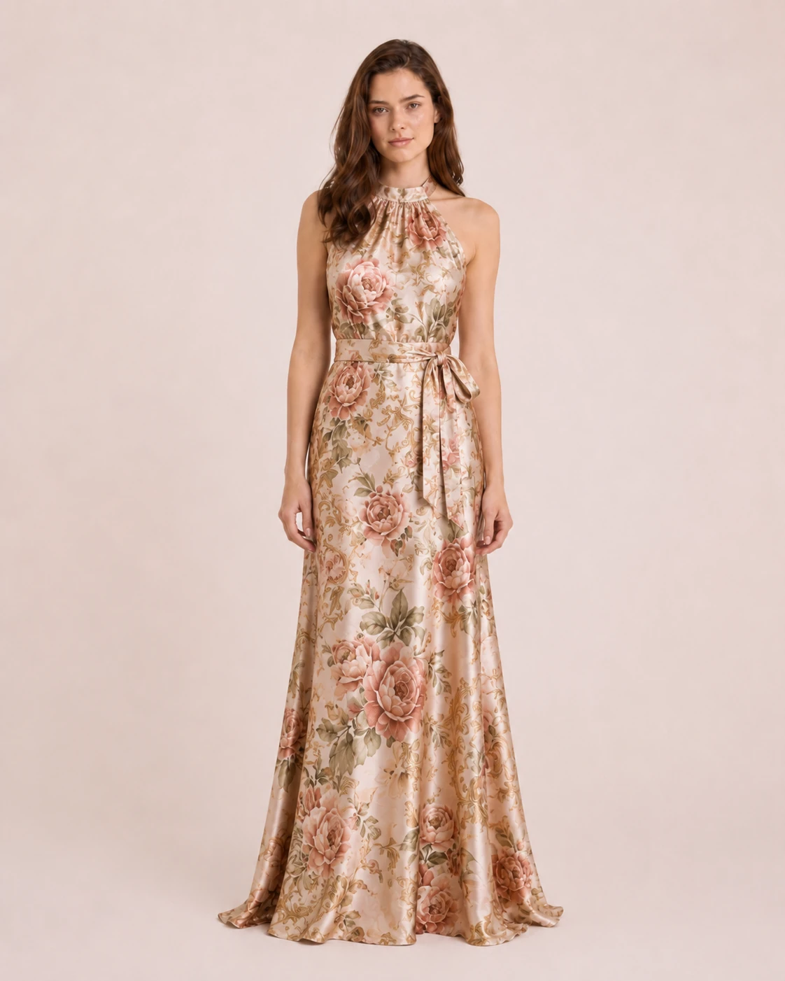 Custom silk halter evening gown with luxury floral digital print design