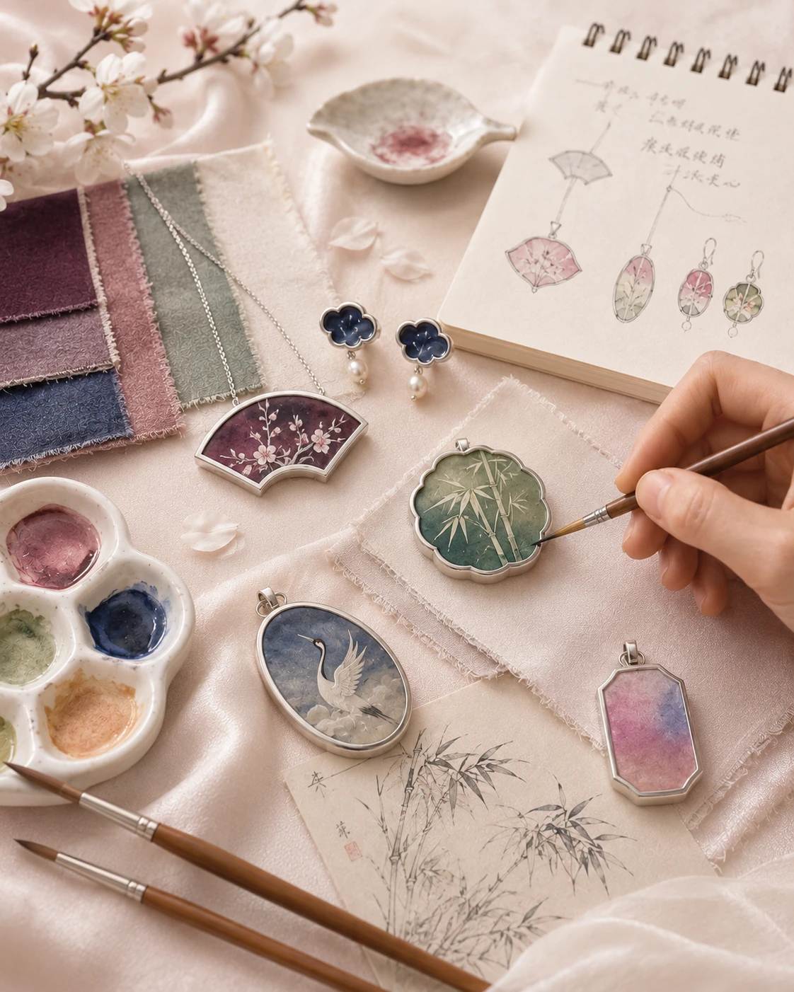 Artisan painting custom silk jewelry with bamboo crane floral and watercolor designs