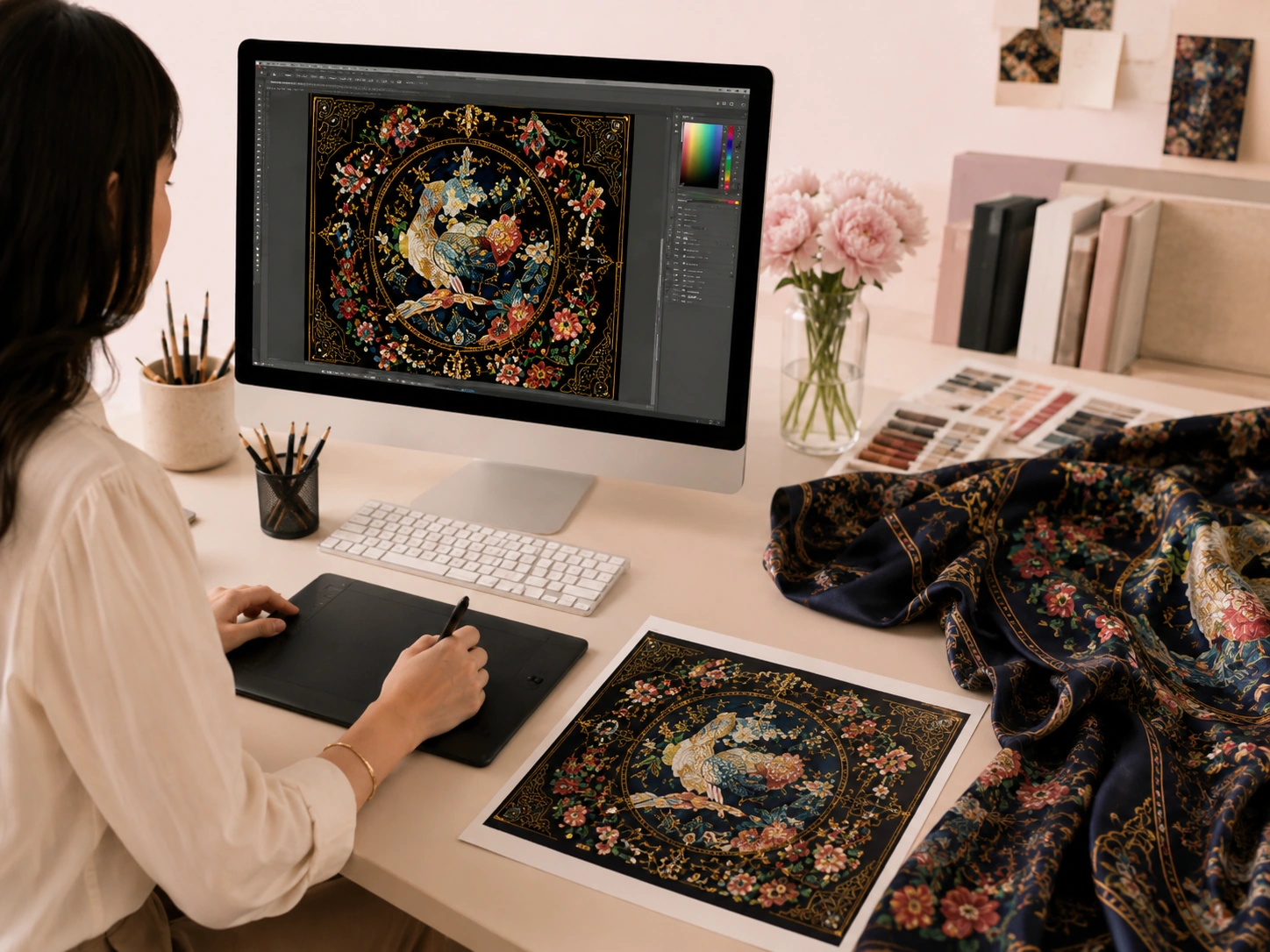 Designer preparing a complex dark floral silk scarf artwork for custom digital printing