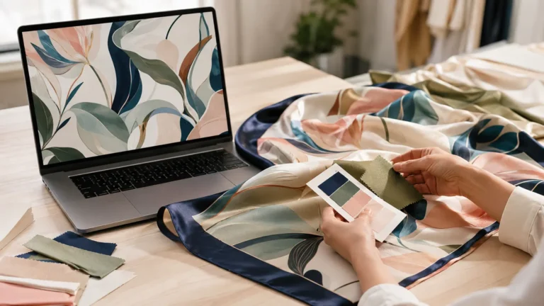 How Custom Silk Scarves Are Made: From Your Design File to the Finished Product 6 Custom silk scarf design beside the digitally printed finished silk scarf