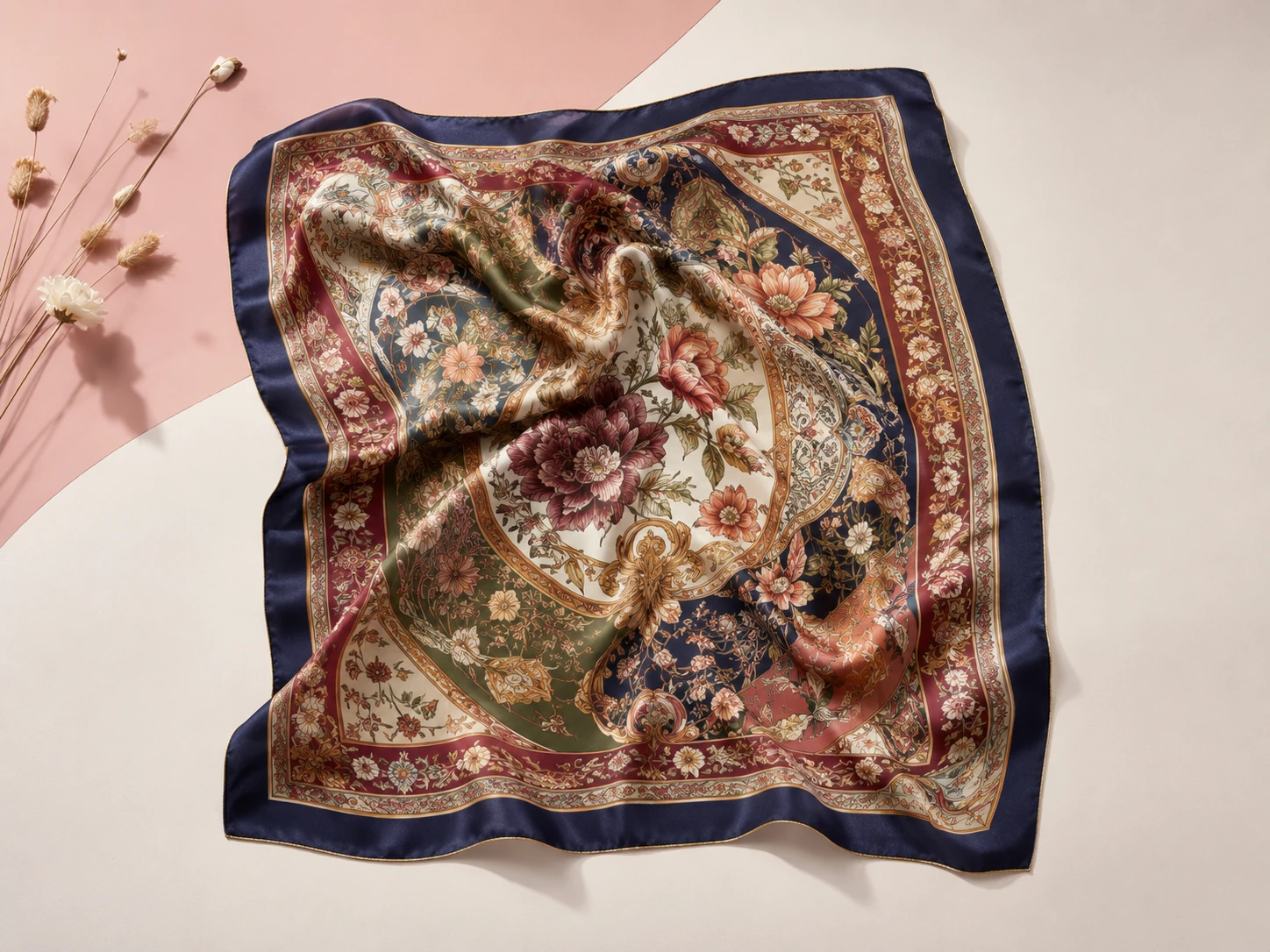 Custom silk scarf with luxury floral and artistic printed patterns for fashion brands