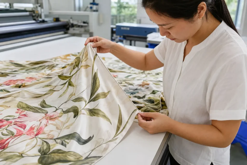 Quality inspection and rolled-edge finishing of a custom printed silk scarf
