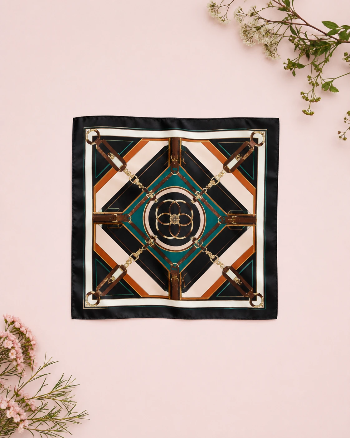 Silk Scarf 20 Custom square silk scarf with geometric belt and chain print on a pale pink background