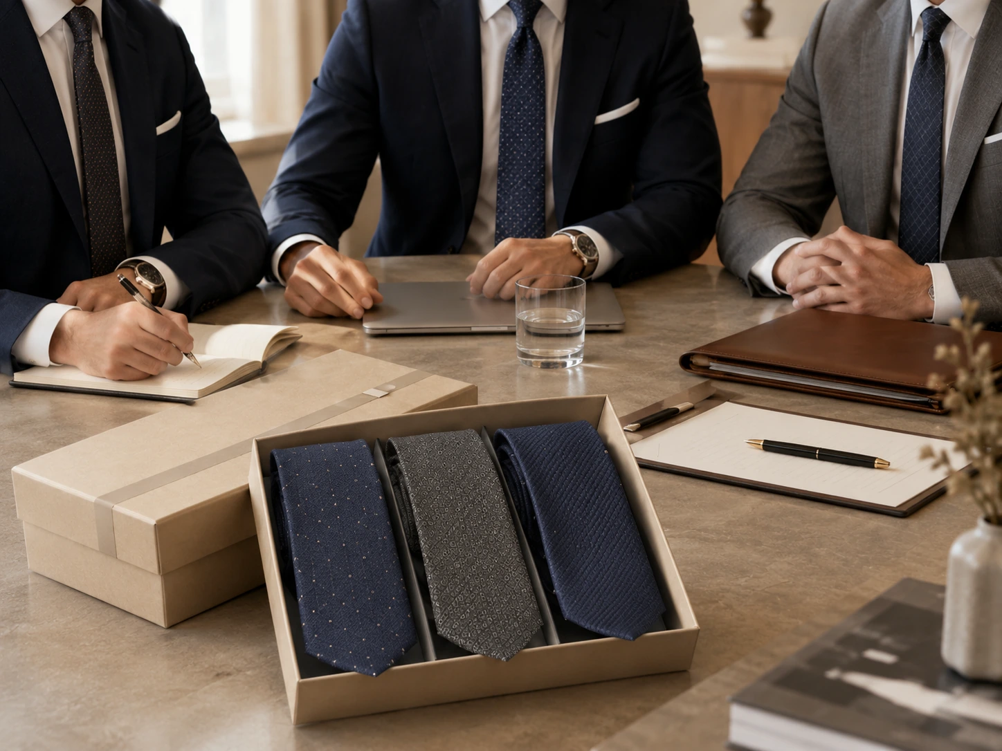 Silk Tie 22 Custom silk ties displayed in a business meeting setting for corporate branding and professional collections