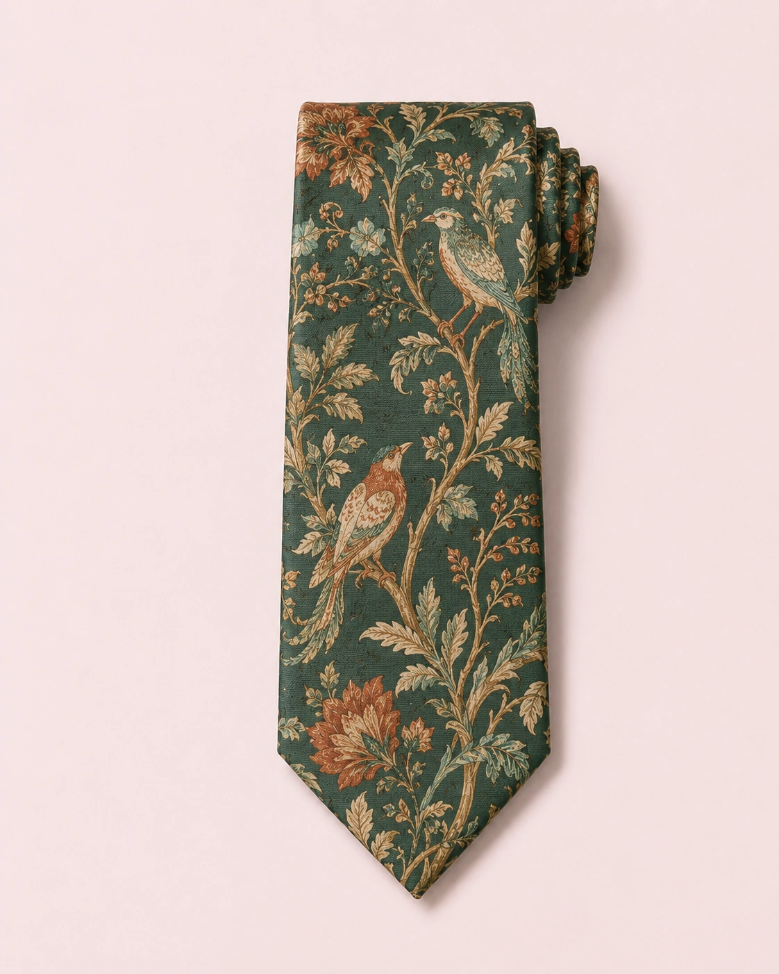 Silk Tie 20 Green silk tie with bird and botanical artwork for luxury fashion collections
