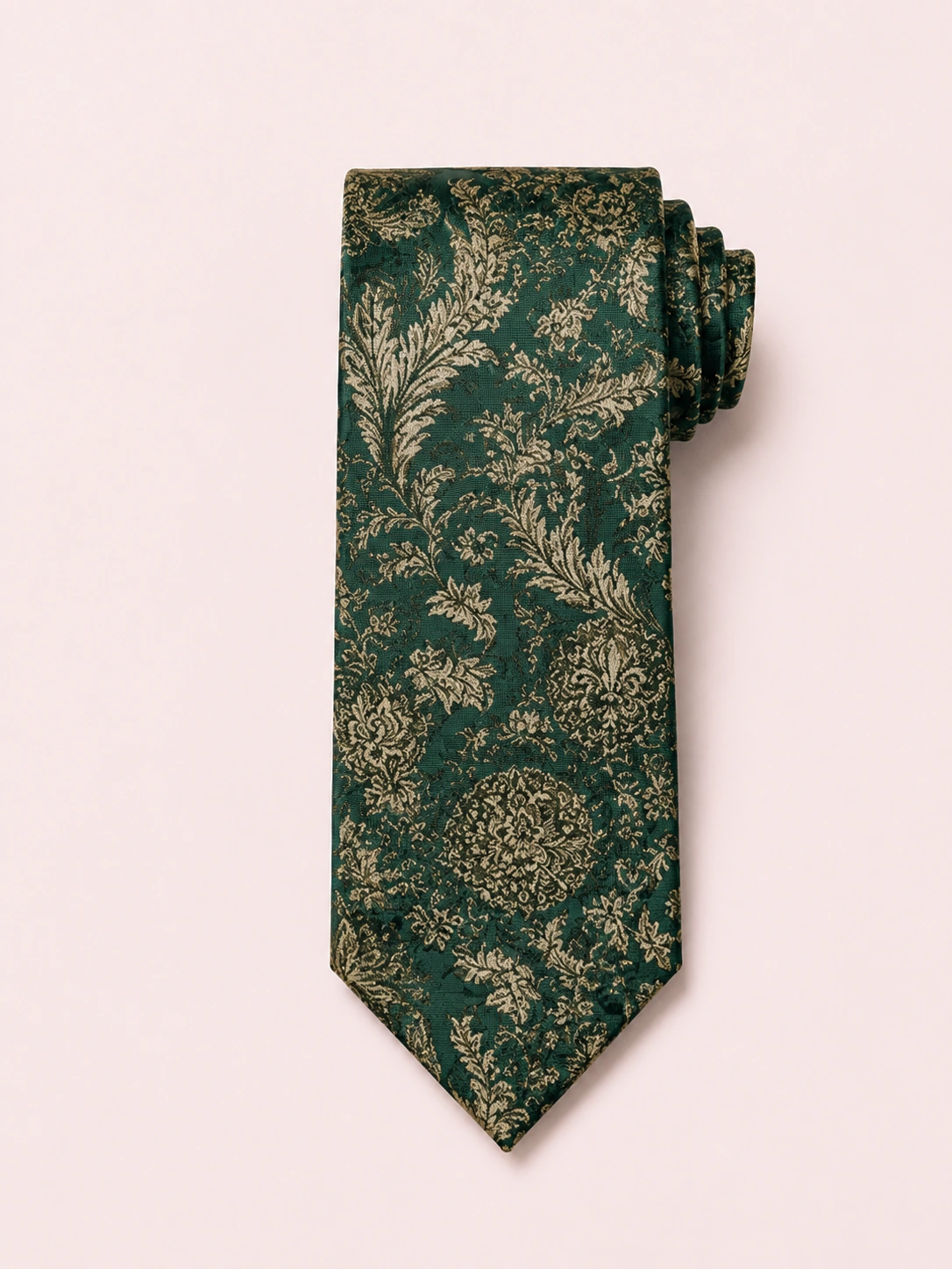Silk Tie 15 Green silk tie with floral baroque pattern for luxury fashion and designer collections