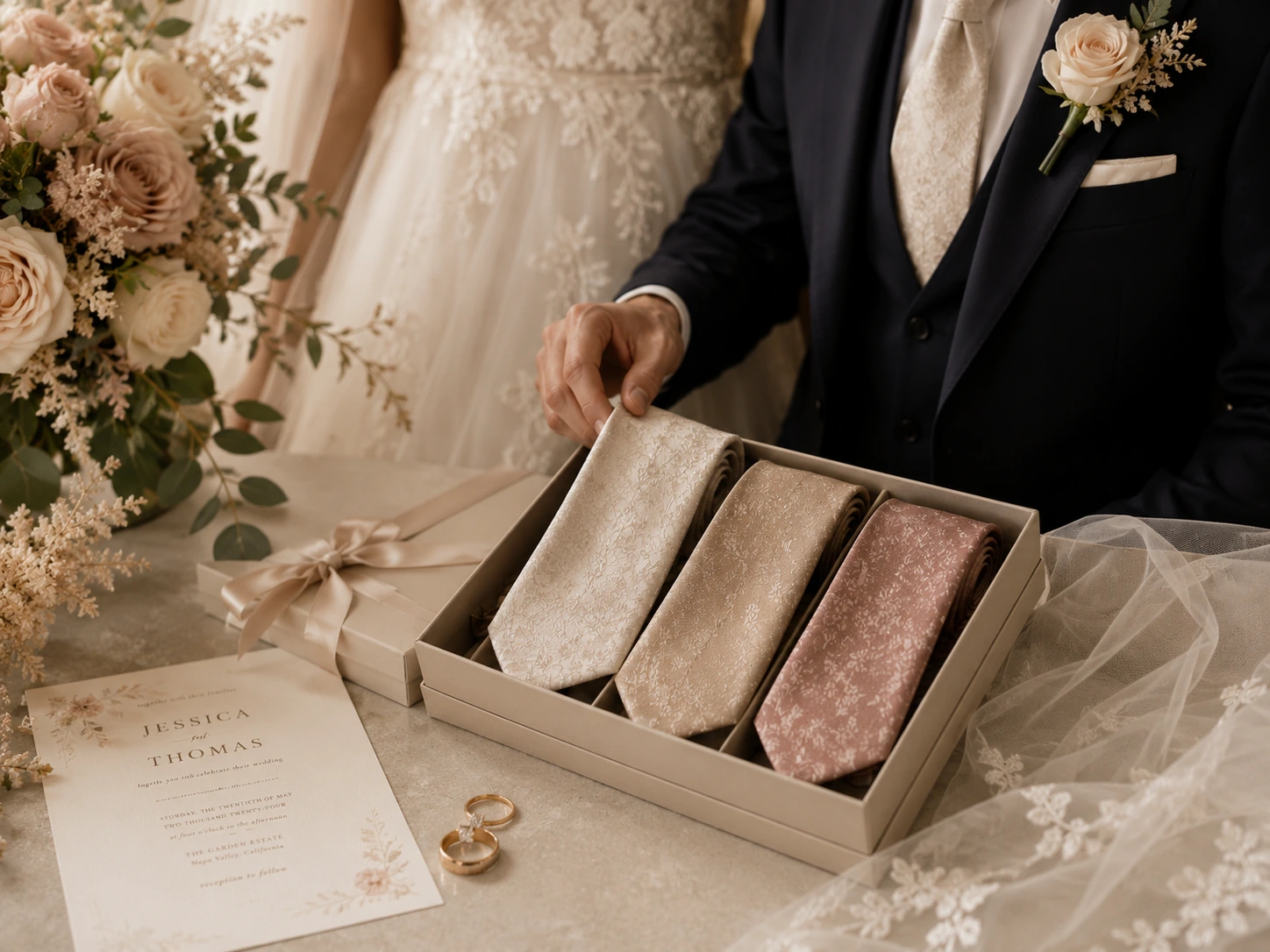 Silk Tie 23 Elegant custom silk ties for wedding occasions displayed with wedding dress and luxury ceremony details