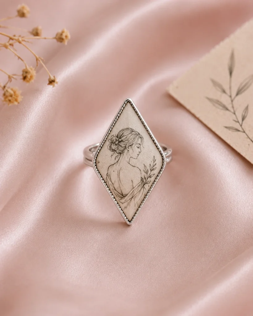 Portrait sketch artwork diamond shaped silk jewelry ring