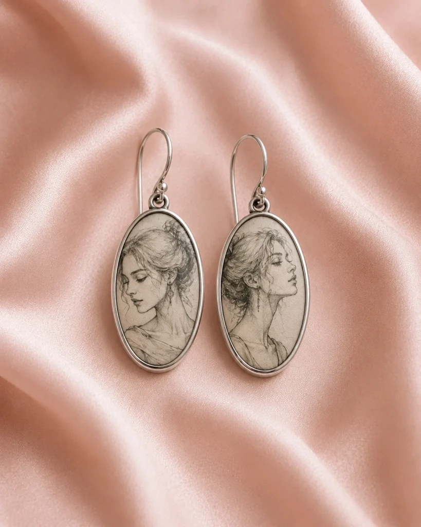 Oval portrait sketch silk jewelry earrings