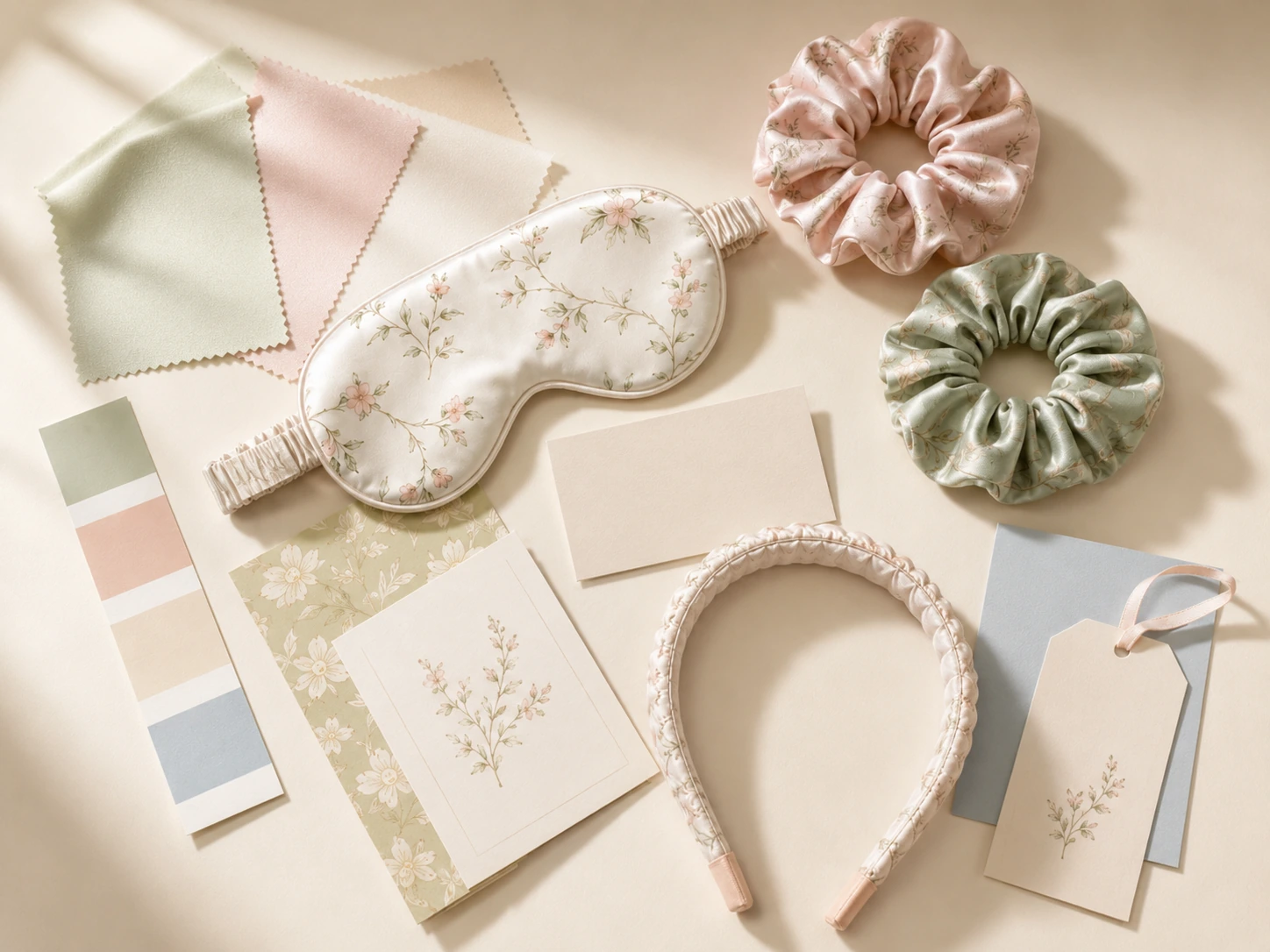 Silk Accessory 28 Custom silk accessories with fabric samples, packaging cards, branding materials, and personalized designs